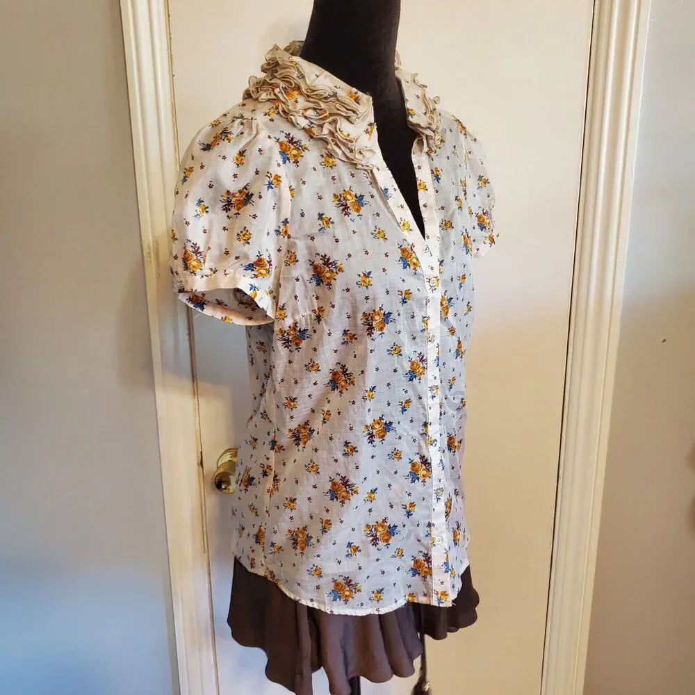 Zara Cottage Floral Button Up Top Puff Sleeve Ruffle Neck Size M Y2K Country